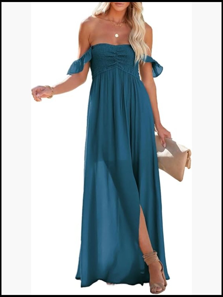 Women's Smocked Off The Shoulder Maxi Dress Ruffle Short Sleeve A Line Side Slit